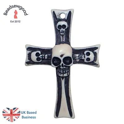 £2.25 • Buy 2 Large Gothic Skull Cross Pendant Charm Black & White Halloween Craft 65mm