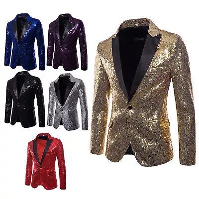 Men Slim Fit Sequin Suit Jacket Coat Single-Breasted Dinner Party Wedding Blazer • $11.03