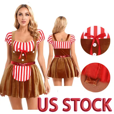 US Womens Striped Mrs Santa Claus Christmas Costume Pleated Flared Mini Dresses • $6.15