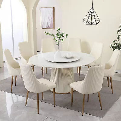 59 Sintered Stone Top Dining Table With 31.5  Turntable And 8PCS PU Chairs White • $2446.99