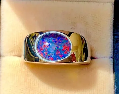 Men's 11 Black Australian Opal Doublet Signet Ring Navy Blue Green Sterling • $159