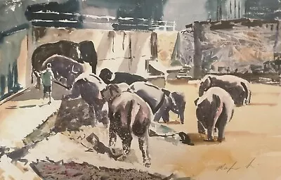 ORIGINAL Water Colour 20  X 13  Elephants Sri Lanka Zoom Demo Marilyn Allis • £89.99