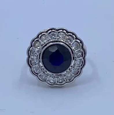 Antique Old European Cut Diamond Halo Ring Sapphire Center • $1000