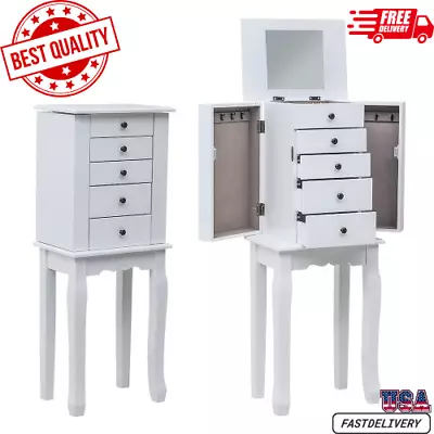 Standing Jewelry Armoire With Mirror 2 Side Swing Doors White  5 Drawers & 8 Hok • $105.99