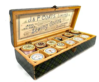 Antique Wooden J P Coats Sewing Spool Box /Green & Blue Tartan Ware Cotton Reel • £65