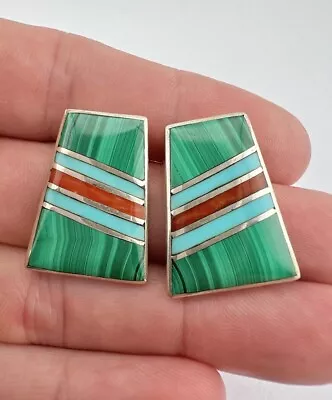 Vintage Navajo Sterling Silver Turquoise Red Coral Malachite Flush Post Earrings • $69