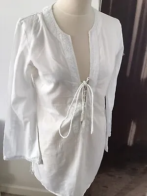 White Cotton Lace Up Tunic Kaftan Top Beach Cover Up 10 • $7.40