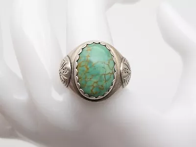 Vintage 1950s Nevada Green Turquoise Sterling Silver NAVAJO Mens Ring Band • $95