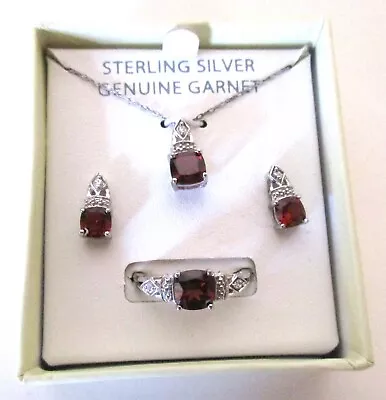 Sterling Silver Genuine Garnet Necklace Earrings & Size 7 Ring Set New In Box • $60