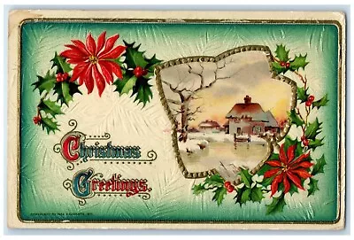 1912 Christmas Greetings House Winter Poinsettia Flowers Berries Posted Postcard • £9.38