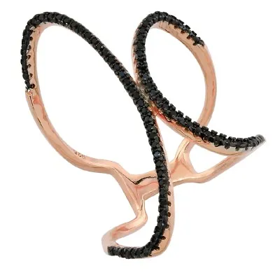 Sterling Silver Rose Gold Plated Open Freeform Ring W/Micro Pave Black CZ Stones • $41.99