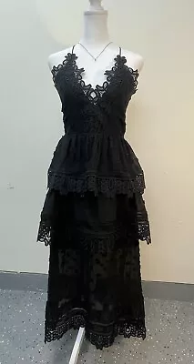 Alu Tiered Lace Embroidered Long Dress Black Size Medium Backless Goth Boho • $49.99