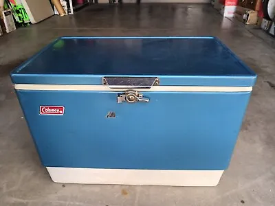 Vintage 1970's COLEMAN Snow-Lite Metal COOLER Blue ICE CHEST 23  X 16  X 13  • $125