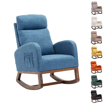 Modern Linen Rocking Chair Nursery Upholstered Rocker Armchair Solid Wood Base • $211.84