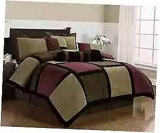  7-Piece Burgundy Brown Black Micro Suede Patchwork Comforter Set King • $133.16