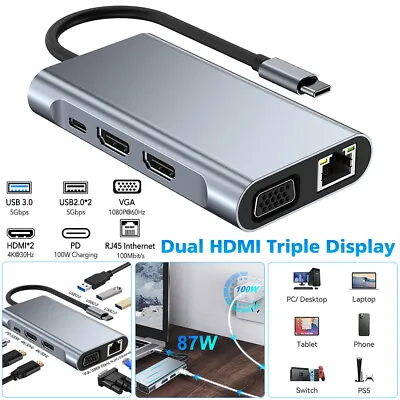 8 In 1 Docking Station Type-C Dual HDMI Laptop Hub Adapter USB-C Triple Display • $48.99