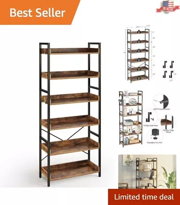 Vintage Industrial 6-Tier Bookshelf With 4 Hooks - Rustic Standing Display Rack • $156.96