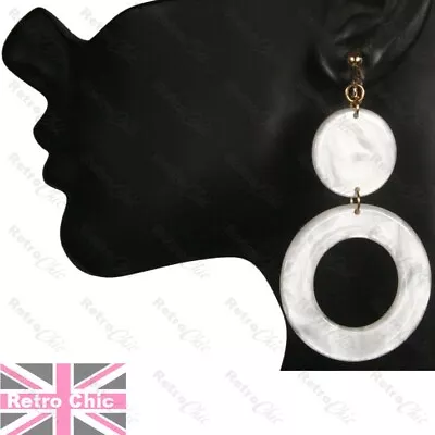 CLIP ON 70s Vintage Styl RETRO Big Lucite Rings FAUX SHELL EARRINGS Hoops CIRCLE • £2.99