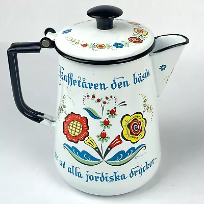 Berggren Floral Enamelware Hinged Lid Coffee Pot Swedish Folk Art Vintage • $39.50