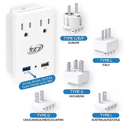 Key Power Travel Voltage Adapter Dual Outlet 2000W USB Charger Quick Charge3.0 • $16.19