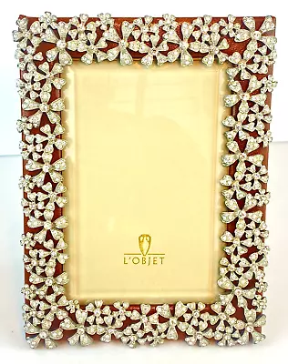 L'Objet Garland Picture Frame Platinum W Swarovski Crystals Leather Back 8  • $255