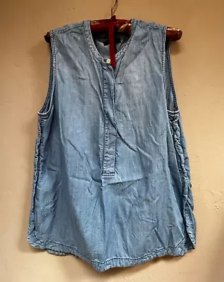 J.Crew Women's Size 10 Sleeveless Drapey Chambray Popover Shirt Blue Half-Button • $21.27