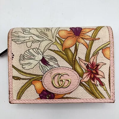 Auth Used GUCCI Purse Leather Bifold Wallet Flora Canvas Pink Marmont 9176 • $140.40