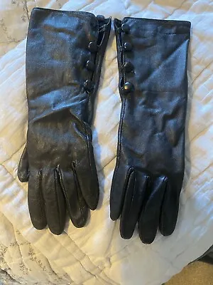 Accessorize Long Black Women's Leather Gloves - Black With Buttons • £12