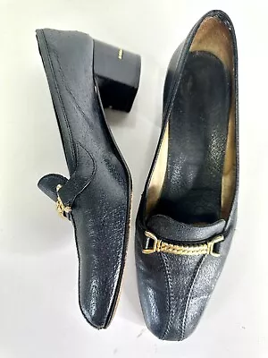 Vintage Gucci Navy Leather Loafers Gold Chain Accent 2  Block Heel Shoe Sz 39.5B • $59