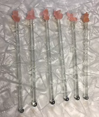 Vintage Set Of 6 Pink Elephant Glass Cocktail Swizzle Sticks Drink Stirrers • $25.86