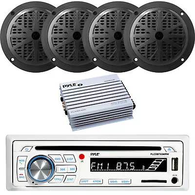 Pyle CD Player Marine Yacht Stereo Receiver 4x Black Round Speakers Amp • $152.99