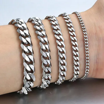 Silver Stainless Steel Curb Cuban Link Chain Bracelet Unisex Women Men 7-11inch • $8.08