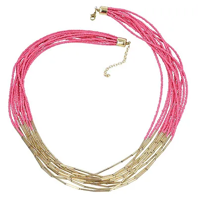 $16.95 • Buy Bubble Gum Pink And Gold Multi Strand Glass Seed Beaded Necklace NWT