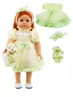 Doll Clothes 18  Dress Mint Pale Cream Yellow Headband Free Teddy Fits AG Dolls • $11.69