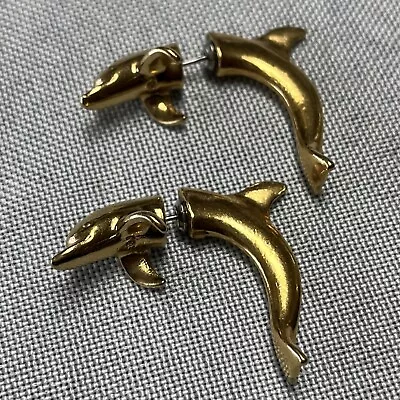 Vintage Earrings 3D Dolphin Shaped Head And Tail Pierced Gold Tone Signed EBJ • $16.50