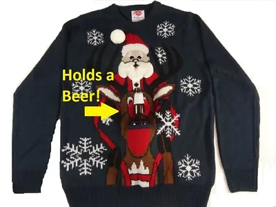 Men's Ugly Holiday Christmas Sweater Holds Beer Holder Santa Riding Reindeer New • $26.99