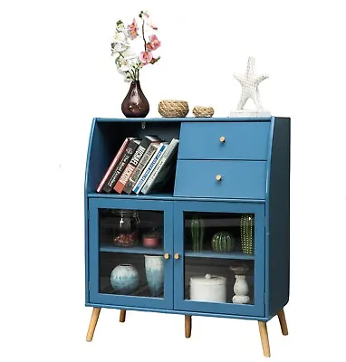 Storage Cabinet Blue Cabinet With Glass Doors Sideboard Display Cabinet Bedroom • $169.99