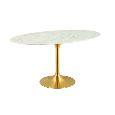 60  White Oval Tulip Pedestal Stem Dining Table Stone Faux Marble Gold Base • $1119.96