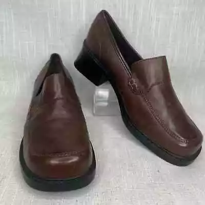 Thom McAn Y2K Brown Leather Block Heel Loafer Size 8W Comfort Work Chunky Preppy • $38