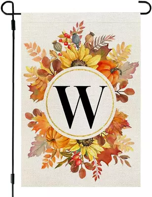 Fall Monogram Letter W Garden Flag Sunflower Pumpkin Leaves 12X18 Inch Double Si • $10.58