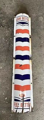 VINTAGE ORIGINAL ANTIQUE PORCELAIN William & MARVY BARBER SHOP SIGN/ POLE. • $575