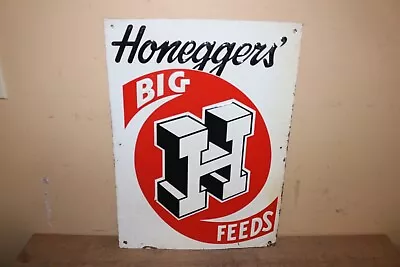 Vintage 1960's Honeggers' Big H Feeds Farm Cow Pig Chicken Embossed Metal Sign • $165