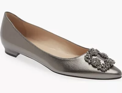 Manolo Blahnik Hangisi Crystal Buckle Pointy Toe Flat 7.5 US 37.5 EU Grey Sliver • $575