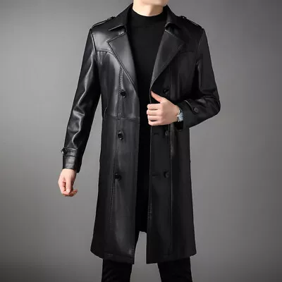 Mens Long Leather Jacket Autumn Winter Double-breasted Business Casual Belt Coat • $120.11