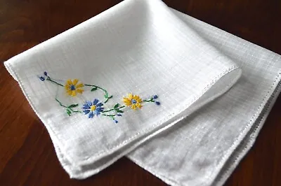 Vintage Hanky Sweet Embroidered Floral Corner Yellow & Blue Country Cotton • $4.99