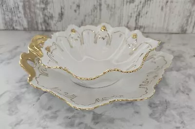 Antique Porcelain Handpainted M Z Austria Gold Leaf Shaped Saucer Server & Plate • $39.95