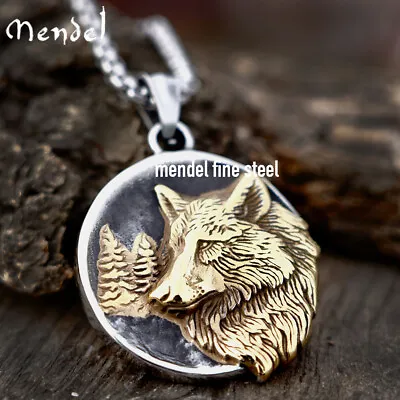 MENDEL Mens Stainless Steel Gold Plate Viking Wolf Head Pendant Necklace For Men • $11.99