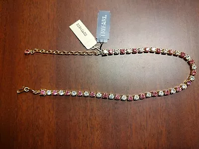 Gold Plated Rhinestone And Pink Gemstone Vintage Trifari TM Choker Necklace • $30