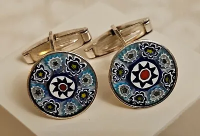 Vintage Italy Murano Millefiori Glass Cabochon Silver 925 Hand Made Cufflinks • £95.37