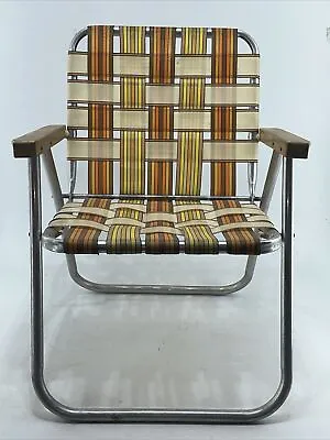 Vintage Folding Lawn Pool Deck Aluminum Chair Webbed Brown Orange Yellow • $31.32